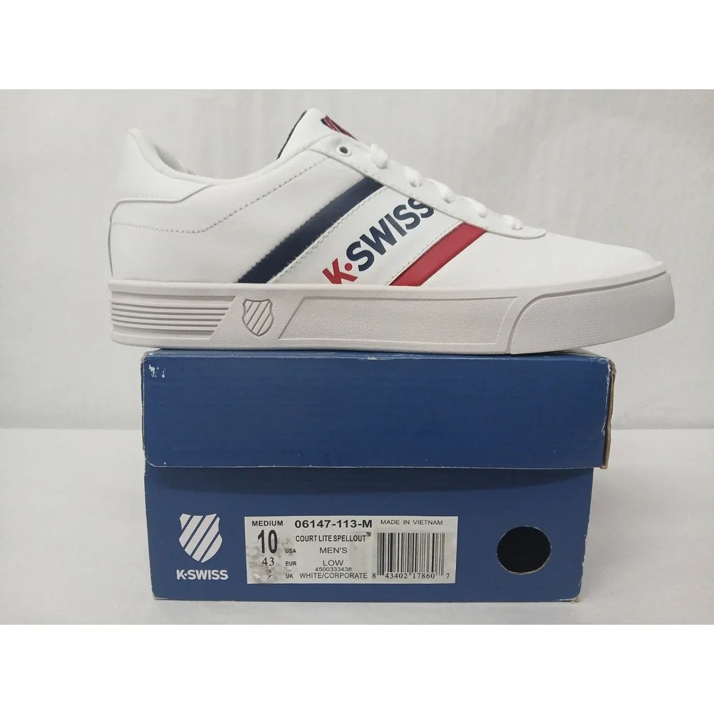 K-Swiss‎ Men's Court Lite Spellout Tennis Shoes 06147-113-M White Navy Red Sz 10